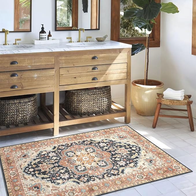 LUXRUG 3x5 Entry Rug - Small Washable Entryway Rug Non-Slip Farmhouse Terracotta Black Oriental Kitchen Rug Low Pile Medallion Carpet Throw Rugs for Living Room Bedroom Bathroom Entrance Mudroom Foyer