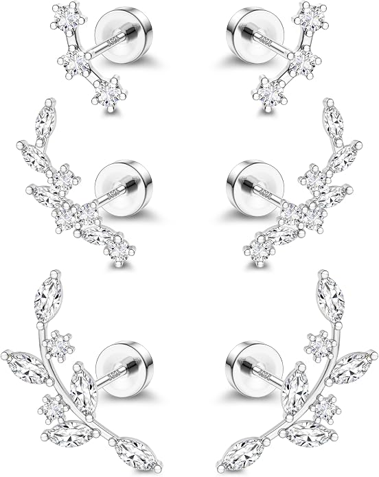 ORAZIO 925 Sterling Silver Flat Back Stud Earrings for Women Hypoallergenic 14K Gold Plated Cartilage Earrings for Sensitive Ears Small CZ Opal Conch Helix Tragus Piercing Jewelry 3 Pairs 20G