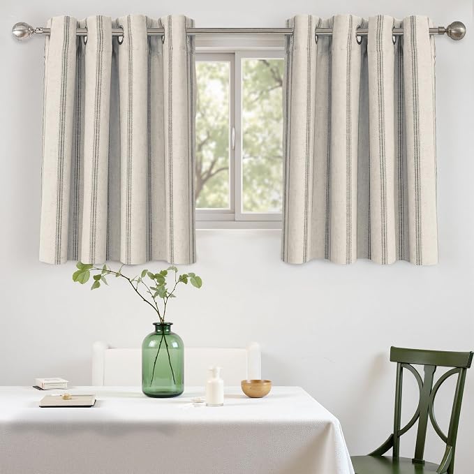 DriftAway Farmhouse Linen Stripe Blackout Curtains, W52xL36, Gray | Blackout, Linen Texture, Stripe Pattern, Rod Pocket & Back Tab, Two Layers, Bedroom Living Room Use, Sound Reducing Design