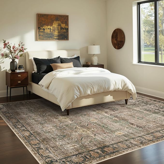 Rugxara Brown Area Rugs 5x7 Washable Rug for Living Room Bedroom | Non Slip, Rug for Dining Room Office Farmhouse Dorm, Stain Resistant, Soft, Vintage Boho Retro Carpet, Low Pile, Home Decor