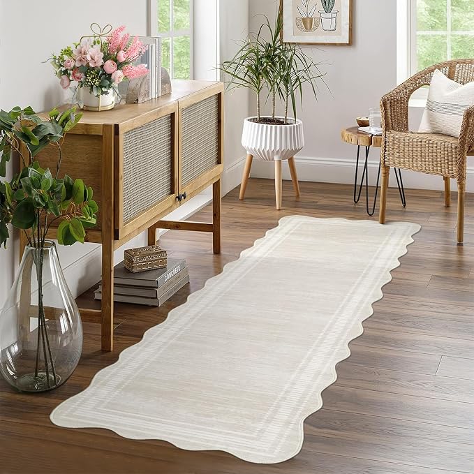 Washable Runner Rug 2x6 Modern Solid Scalloped Kitchen Runner Mat Minimalist Plain Long Runner Rug for Entryway Bedroom Bedside Non Slip Low Pile Boho Accent Solid Runner Rugs for Nursery, Ivory | Modern Long Runner Rug for Entryway Bedroom, Non Slip L...