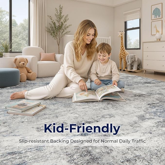 DMOYEST 4x6 Area Rug - Washable & Non Slip Indoor Rug for Living Room, Ultra Soft Abstract Low Pile Carpet, Kid & Pet Friendly Neutral Decor for Bedroom - Grey Blue