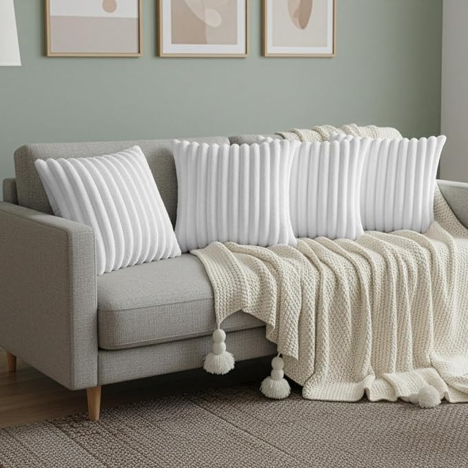 White Throw Pillow Covers 16 x 16 Set of 4, Cute Boho Throw Pillow Cover for Couch/Bed, Decorative Pillows Covers for Sofa/Bed, Accent Pillow Covers for Living Room, Rustic/Home/Room Decor