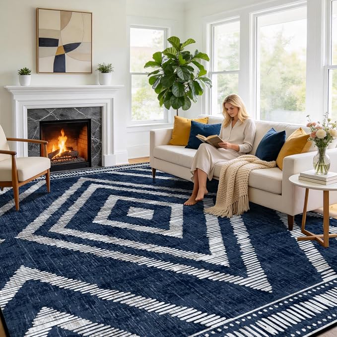 8x10Ft Boho Washable Area Rugs for Living Room, Navy Blue Thin Kids Nursery Bedroom Rugs Non Slip, Moroccan Soft Dining Room Area Floor Carpets for Playroom Kitchen Home Office Decor