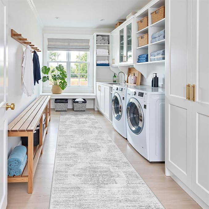 2x10 Runner Rug Non Slip,Washable Hallway Runner Rug,Grey | Long Neutral Rugs for Kitchen,Entryway,Bedroom,Bathroom,Laundry Room,Thin,Soft Runner Rug,Stain Resistant Indoor Carpet