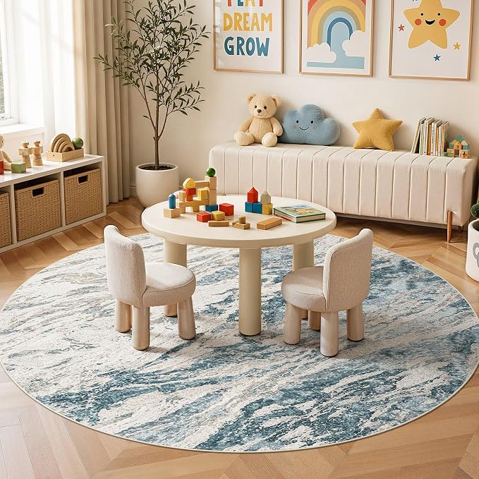 Area Rugs for Living Room: 6ft Round Abstract Washable Rug Modern Neutral Large Soft Stain Resistant Non-Slip for Bedroom Dining Room Indoor Home Office Carpet - Blue Brown