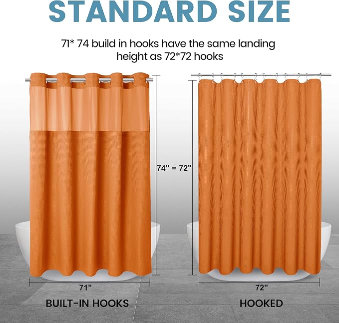 EUTXL Heavyweight Burnt Orange No Hook Shower Curtain with Snap in Liner,256GSM Waffle Weave Shower Curtains for Bathroom,71W x 74H