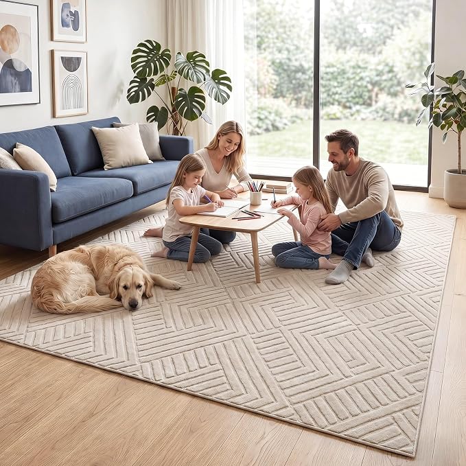 Bsmathom 8x10 Washable Area Rug, Boho Neutral Modern Soft Carpet Mat, Beige | Machine Washable, Low Pile Fluffy Plush, Non-slip, Geometric Textured, For Living Dining Kids Room Bedroom Indoor Dorm