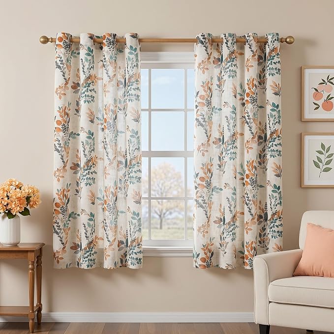 MYSKY HOME Floral Linen Curtains 45 inch Length 2 Panels Set Leaf Patterned Semi Sheer Light Filtering Privacy Farmhouse Grommet Drapes for Bedroom Small Window, 52" Wide Each Panel, Burnt Orange