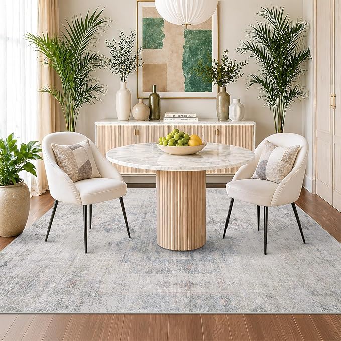 Low Pile Office Rugs for Rolling Chairs - 5x7 Abstract Rugs for Living Room, Large Entryway, Cream Slate Blue Decor, Non Slip with Rubber Backed & Stain Resistant