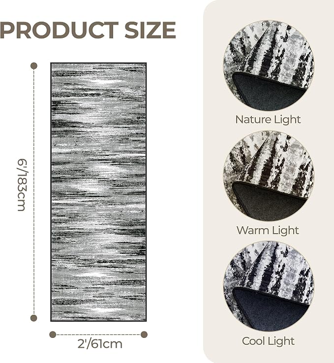 2x6 Runner Rug Non Slip,Washable Hallway Runner Rug,Black | Neutral Rugs for Kitchen,Entryway,Bedroom,Bathroom,Nursery Room,Thin,Soft Runner Rug,Stain Resistant Indoor Carpet