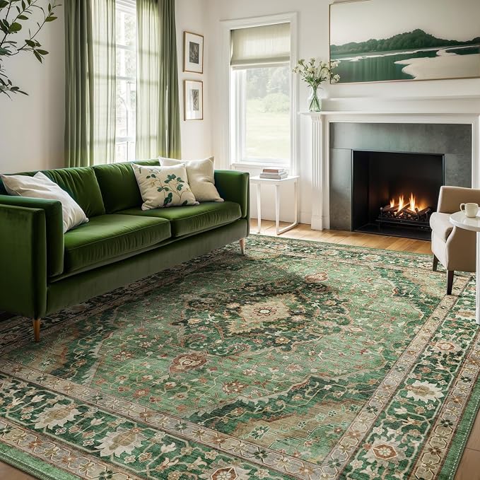 Deerly Green Rug 8x10 Area Rug for Living Room Bedroom Washable Rugs Large Boho 8x10 Rug for Dining Room Carpet Non-Slip Distressed Carpet Rugs Print Floor(Border Green)