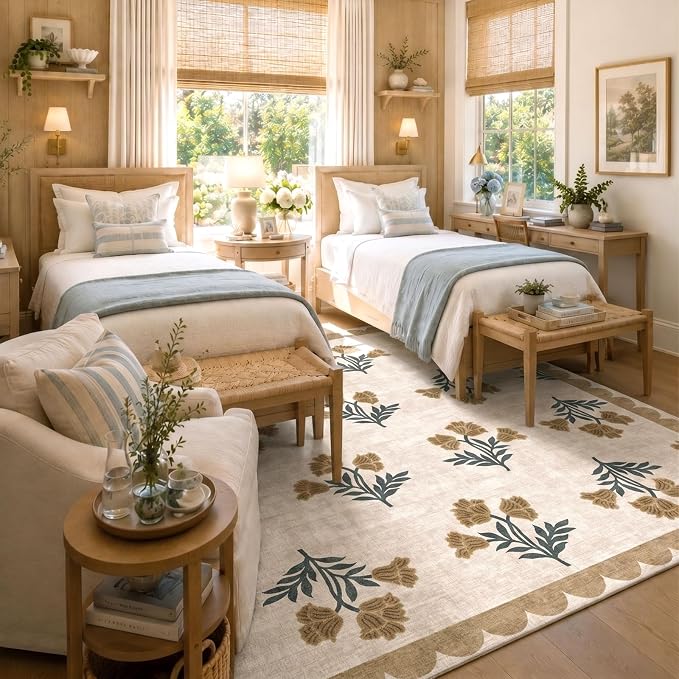Beige Square Rugs 6ft - Soft Washable Boho Farmhouse Living Room Rug 6x6 Stain Resistant Dining Room Rugs for Under Table Cottage Floral Scalloped Area Rug for Bedroom Nursery Twin Beds Room