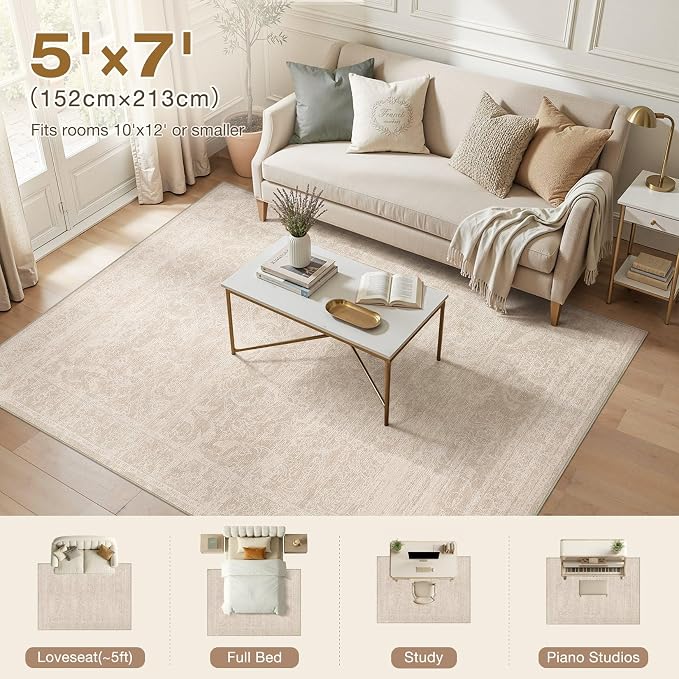 Nakagishi 5X7 Area Rugs Living Room: Washable Large Vintage Rug Neutral Non-Slip Soft Stain Resistant Indoor Carpet for Bedroom Nursery Dining Room Office Playroom