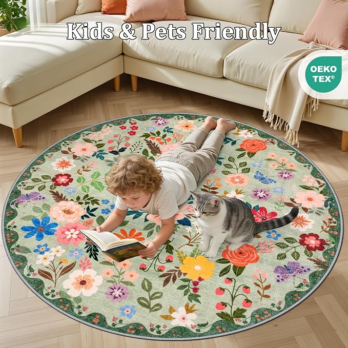 Round Area Rug for Living Room: 6 ft Floral Washable Circle Rug Soft Boho Non-Slip Carpet Indoor Stain Resistant Low Pile Small Circular Rug for Bedroom Entryway Kitchen Nursery Home Office Green