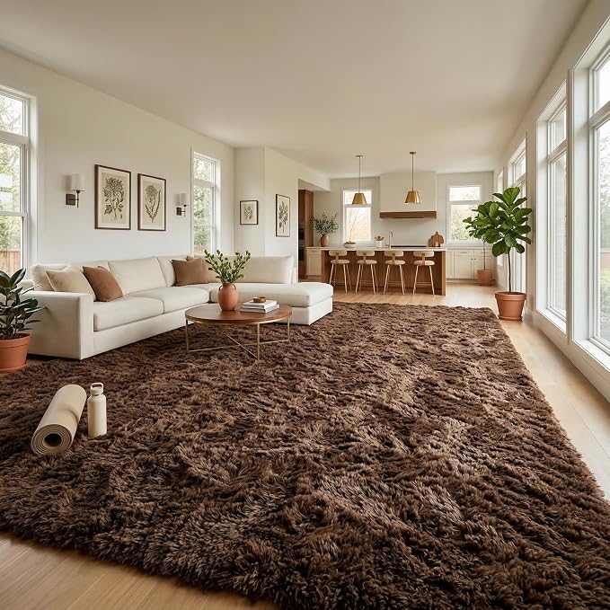 Fluffy Rugs for Living Room: Coffee Brown Soft Shag Rug for Bedroom, Large Fuzzy Plush Indoor Carpet Non Slip Modern Rug for Nursery Kids Room Dorms Office Home Decor, 7x10 Feet