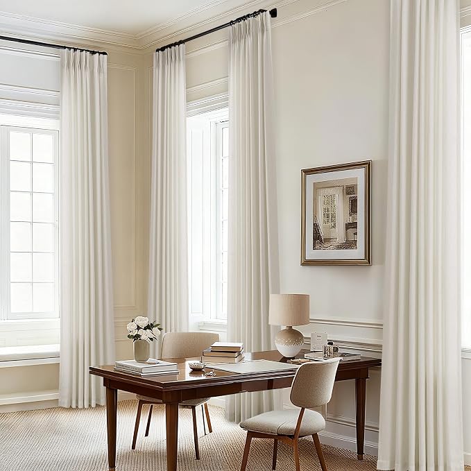 Pinch Pleated 105 Inch Linen Curtains with Hooks Rings Semi Sheer | Light Filtering, Custom, Memory Shape, Pleat Drape, 105 Inches, for Living Dining Room, Farmhouse, Grayish Beige Tan, 1 Panel