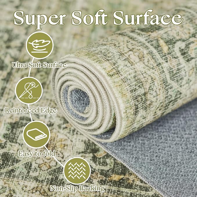 Beauoop 8x10 Washable Green Vintage Retro Large Area Rug for Living Room | Distressed Oriental Traditional Faded Non Slip Low Pile Thin Soft Indoor Throw Rug Pattern Bedroom Dining Room Office Nursery