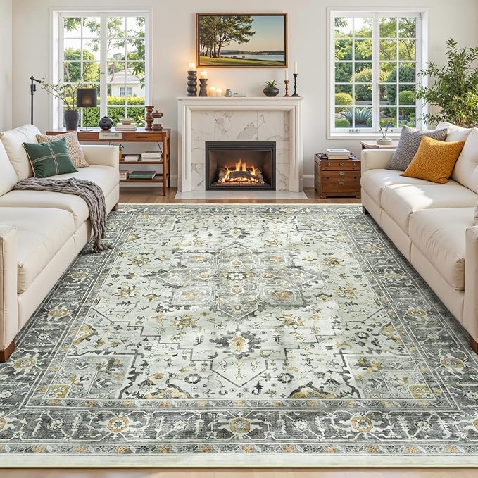 Taupe Vintage 9x12 Living Room Rug - Vintage Oriental Revival Low-Pile Carpet for Bedroom, Dining Table, Machine Washable Soft Non-Slip Large Area Rug Distressed Farmhouse Décor Light Grey