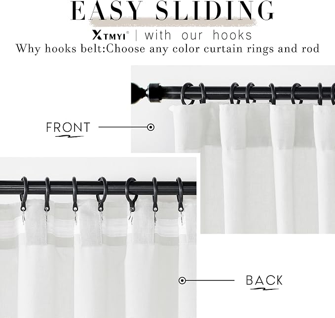 XTMYI 86 Inch Long White Linen Curtains, Semi Sheer Light Filtering Drapes for Bedroom Living Room 2 Panels Set