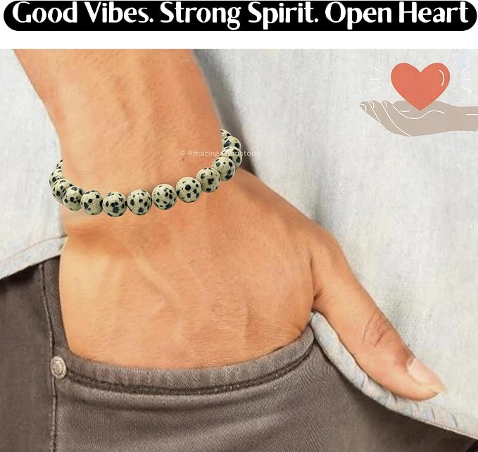 Amazing Gemstone Dalmatian Jasper Bracelet, Gifts for Men & Women - Protection Healing Crystal Bracelet - 8mm Gemstone Beaded Adjustable Bracelet, Pulseras para Hombres Mujer Stocking Stuffers