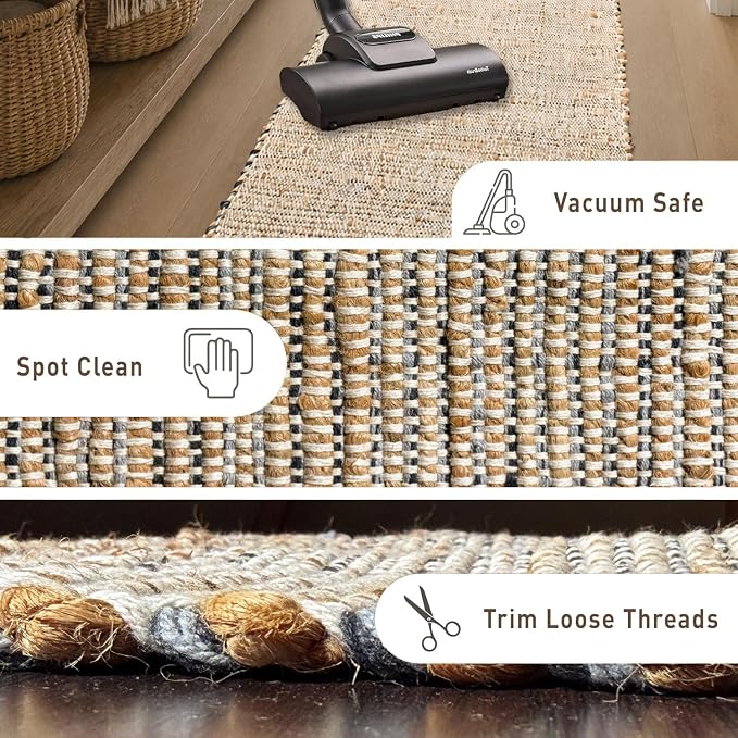 Chardin home 6x9 Jute Cotton Hand Woven Area Rug, Natural Jute Gray Charcoal Braided Boho Farmhouse Rug, Reversible Rustic Natural Fiber Carpet for Living Room Bedroom Dining Room