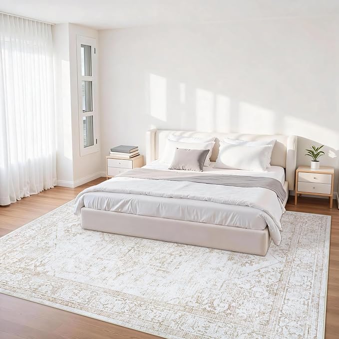 5x8 Area Rugs for Bedroom:Beige Washable Vintage Medallion Rug Non-Slip Soft Low Pile Large Rugs Indoor Retro Carpet for Living Room Kitchen Nursery Dining Table Office (Beige, 5'x8')