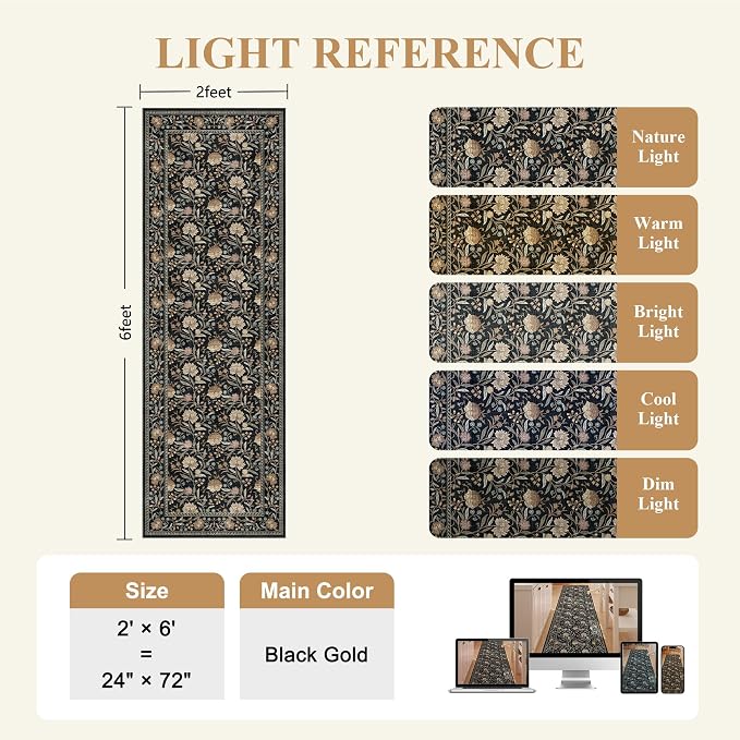 DUKINO 2x6 Runner Rug, Washable Vintage Floral Kitchen Rug, Black | Non Slip, Low Pile, Non-Shedding, Stain Resistant Soft Carpet Runner for Hallway Bathroom Entryway Bedroom Laundry Farmhouse