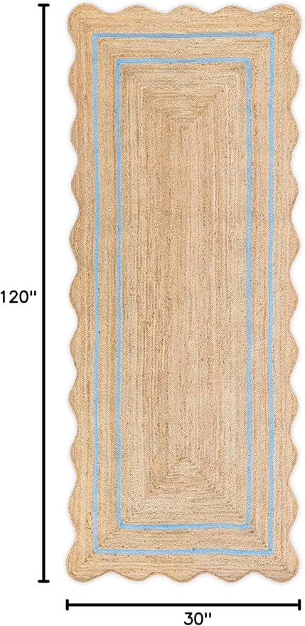 Wave Scalloped Natural Jute Rug Boho Jute Entryway Runner Rug Farmhouse Scallop Rug, Sky Blue (2'6"x10')