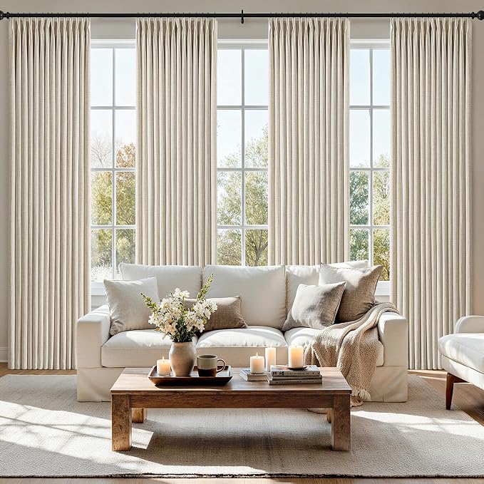 MIULEE Pinch Pleated Thick Linen Curtains 90 Inch 4 Panels Set Back Tab Memory Trained Pinch Pleat Semi Sheer Light Filtering Privacy Curtain Let Light in Window Drapes for Living Room Bedroom Oatmeal