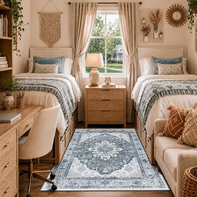 RELEANY Area Rugs 3'x5' Washable Non-Slip, Floral Vintage Distress Medallion Carpet for Living Room Bedroom Dining Room, Light Gray Grey White