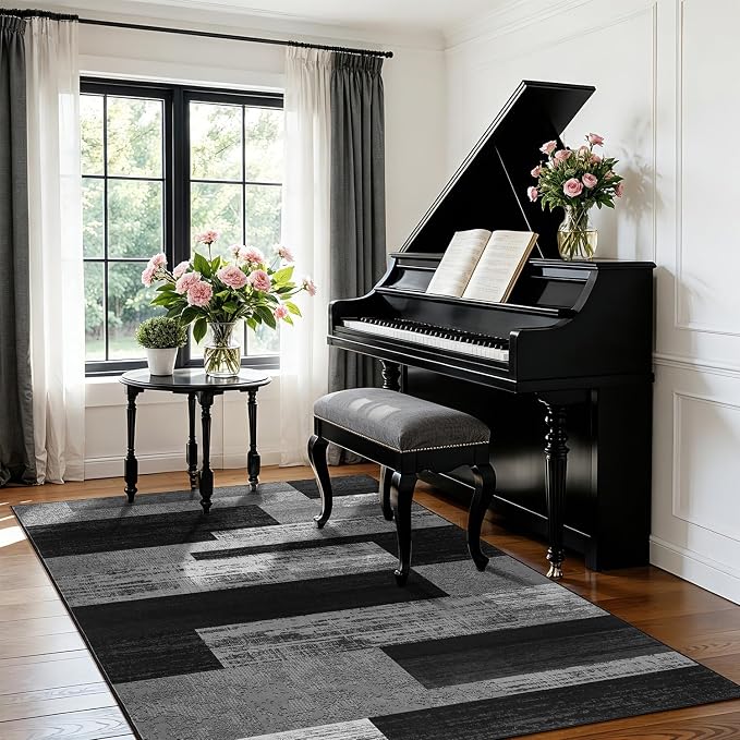 LIANLAM 4x6 Washable Area Rugs for Living Room and Bedroom(4x6,Black&Gray) | Non-Slip Small Carpet,Vintage Checkered Pattern, Stain Resistant Faux Wool Low Pile Soft Rug for Dining Room,Office,Nursery