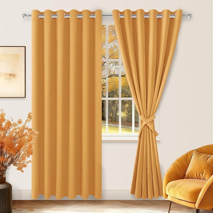 Hiasan Room Darkening Curtains for Bedroom, 70 x 84 Inches - Thermal Insulated & Energy Saving Window Drapes for Living Room/Dorm Room, Set of 2 Panels Sewn with Tiebacks, Pumpkin Orange