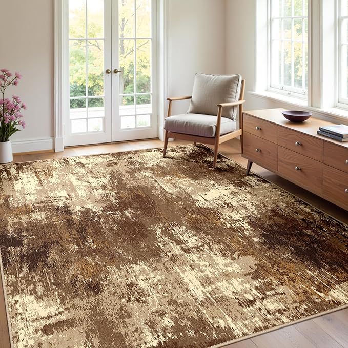 RELEANY Washable Area Rugs 4'x6' Non-Slip Modern Abstract Soft for Living Room Entryway Bedroom Kitchen, Print Pattern, Brown Tan Beige Coffee