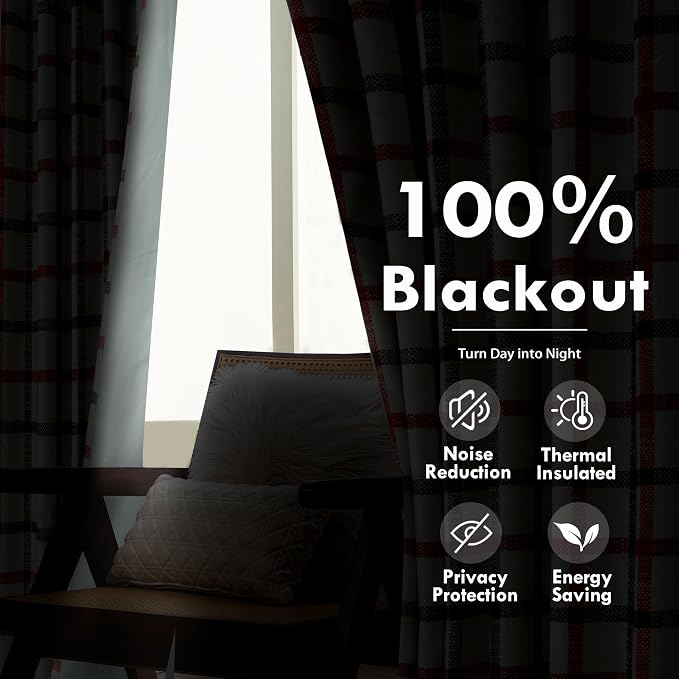 DriftAway 100% Blackout Plaid Curtains 96 Inches Long 2 Panels Red Green | 100% Blackout, Linen Texture, Plaid Pattern, Two Layers, Rod Pocket & Back Tab, Bedroom Living Room Use, Luxury Appearance