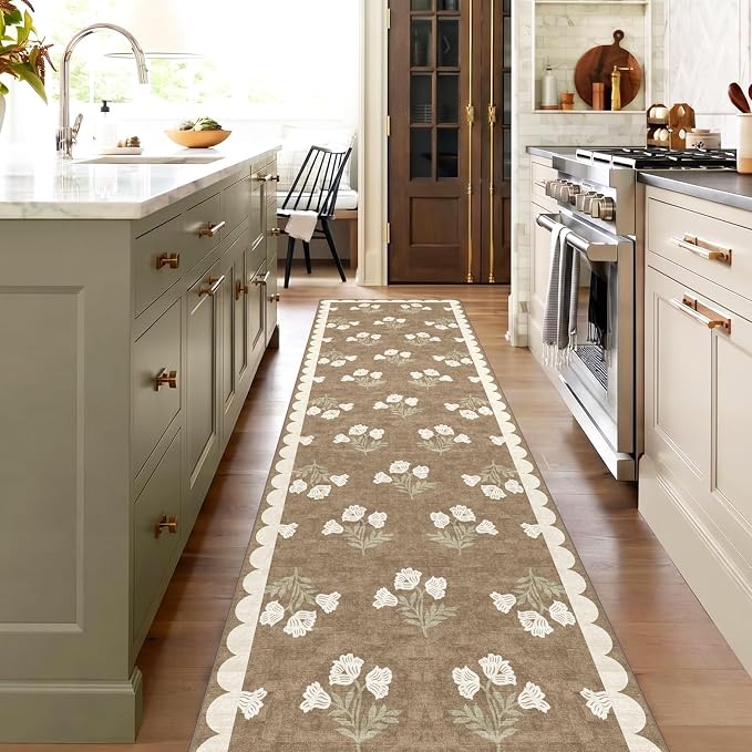 Non Slip Washable Hallway Runner Rug - 2.5x12 Extra Long Tan Kitchen Runner Rug Soft Boho Runners for Hallways Vintage Floral Scalloped Area Rug for Bedroom Entryway Foyer Stair Runner Decor