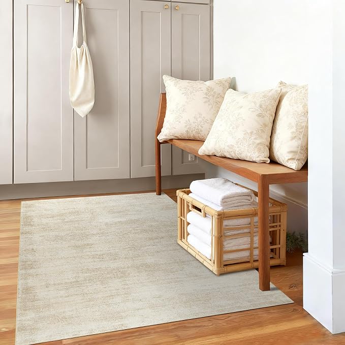 3x5 Washable Rug for Bathroom Neutral Boho Ombre Tan Beige Area Rugs Small | with Non Slip Low Pile, Boho Abstract Modern Farmhouse, Floor Covering Carpet, for Bedroom Dorm Laundry Room, Rubber Backing