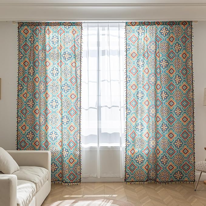 Turquoise Blue Boho Curtains 63 Inches Long, Colorful Medallion Farmhouse Light Filtering Rod Pocket Drapes with Tassel Trim for Bedroom Living Room, 2 Panels