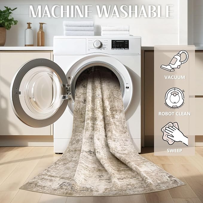 Abstract 10x14 Area Rug: Machine Washable Non Slip Ultra Thin Low-Pile Carpet, Soft Stain Resistant for Living Dining Room Bedroom, Kid Pet Friendly, Robot Vacuum Compatible - Brown