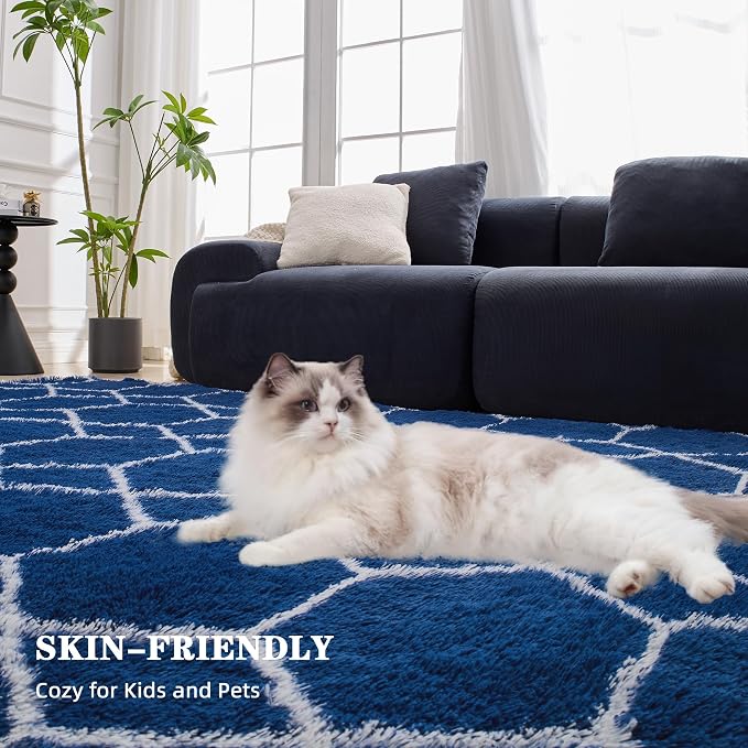 Fluffy Rug for Living Room, Soft Modern 8x10 Blue and White Shag Area Rugs | Non Slip Blue Carpet for Bedroom, Home Decor Aesthetic, Washable Large Fuzzy Plush Floor Mat for Nursery Teen Dorm