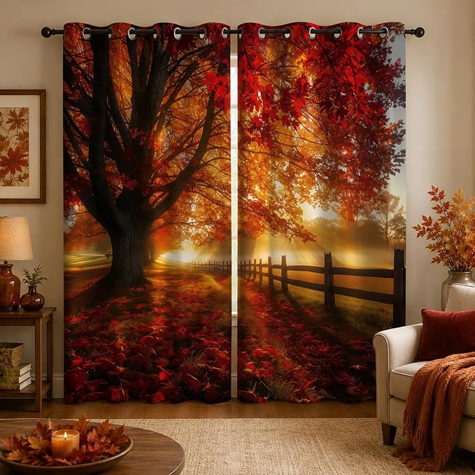 Red Maple Forest Window Curtains 52 x 63 in, Fall Landscape Drapes with Autumn Trees and Sunrise Scene, Woodland Curtains for Living Room Bedroom