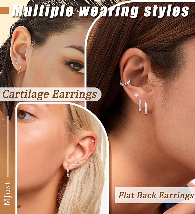 MJust 18 Pairs Women‘s Hypoallergenic Flat Back Stud Earrings, 20g Stainless Steel Earrings Sets for Men, Tiny Unisex Screw Back Cartilage Earrings.