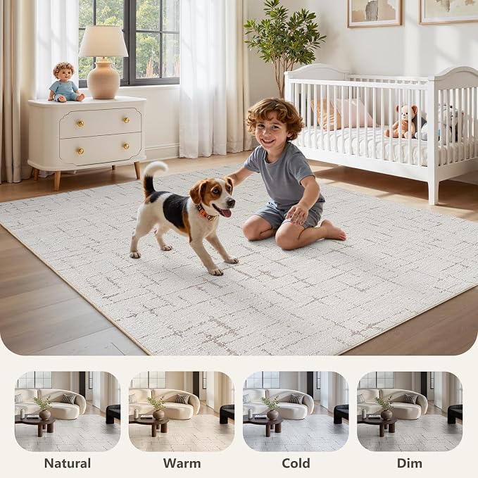 Engiw-Beige Neutral 5x7 Area Rug for Living Room Rug-Carpet Bedroom Rugs Textured Tufted Jacquard Modern Washable Rug for Dining Room Nursery Non Slip