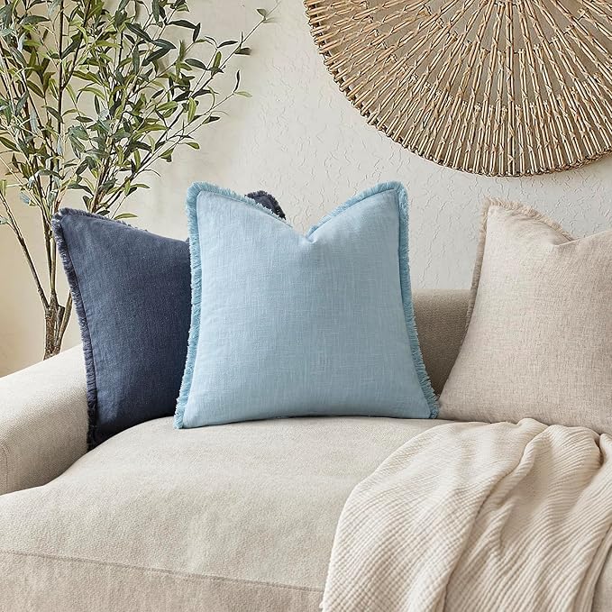 Foindtower Set of 2 Decorative Linen Fringe Lumbar Throw Pillow Covers Boho Farmhouse Cushion Cover with Tassels Soft Accent Pillowcase for Couch Sofa Bed Living Room Home Decor,12×20 Inch,Light Blue
