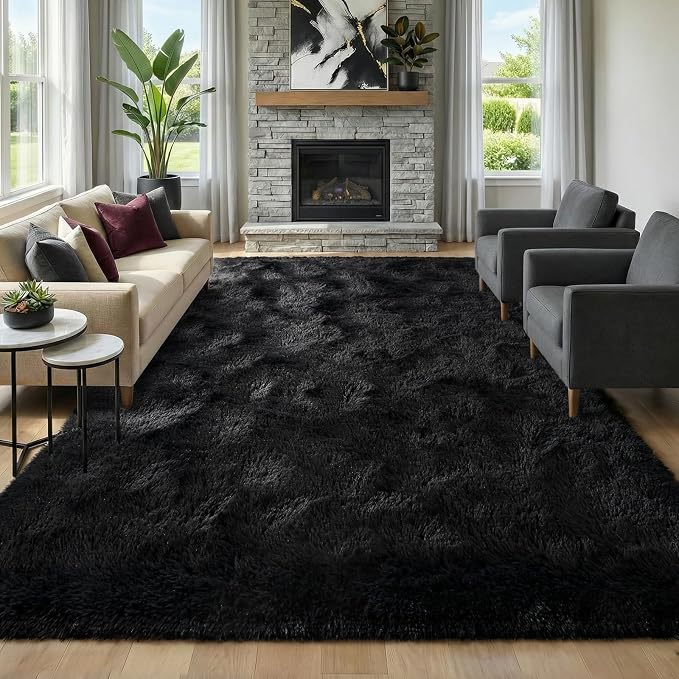Fluffy Rugs for Living Room: Black Soft Shag Rug for Bedroom, Large Fuzzy Plush Indoor Carpet Non Slip Modern Rug for Nursery Kids Room Dorms Office Home Decor, 9x11 Feet