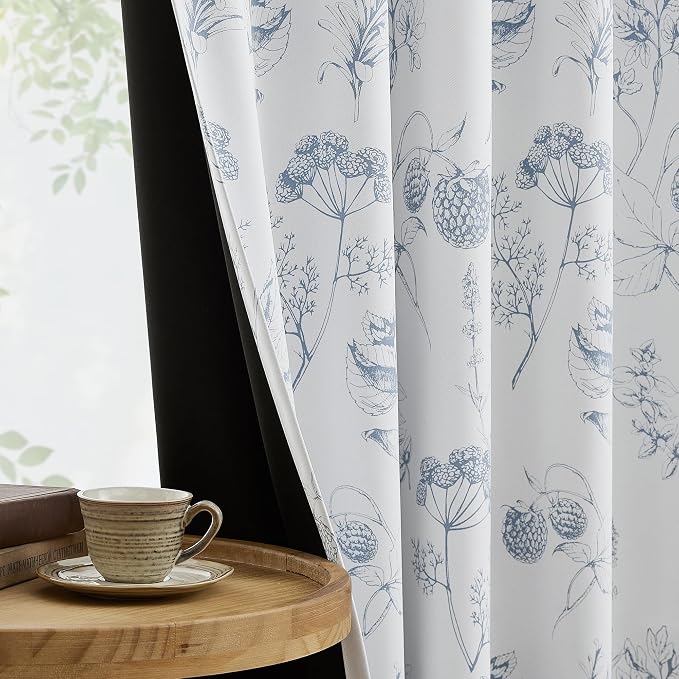 FMFUNCTEX 100% Blackout Blue Floral Curtains 96 Inch Back Tab 2 Panels | Black Out Drapes, Thermal Insulated Cottage Farmhouse, Lichi Patterned Extra Long Curtain for Bedroom, Living Room Darkening
