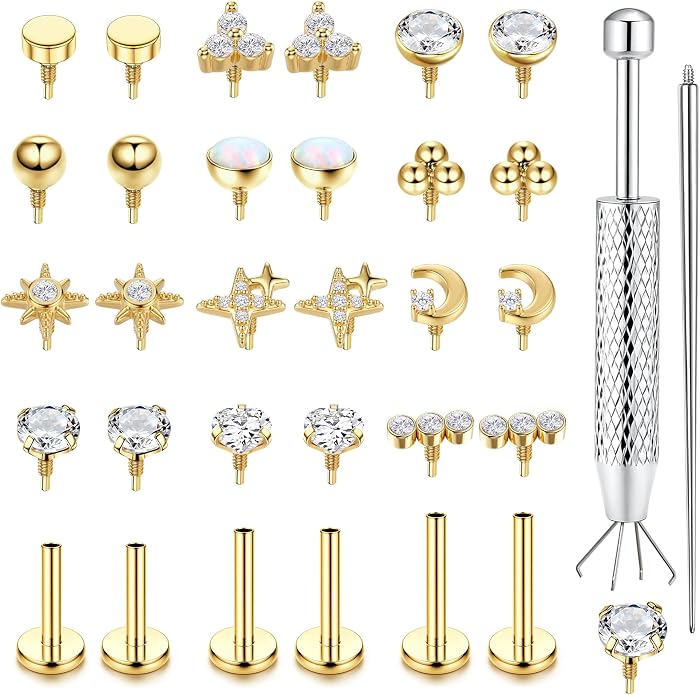 Drperfect 16G/18G Flat Back Stud Earrings for Women, Hypoallergenic Surgical Steel Gold Silver Plated Internal Thread Stud Piercing Jewelry for Tragus Helix Cartilage Conch Nose Lip Medusa Piercing