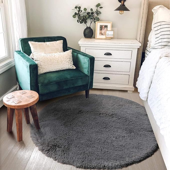 Grey Round Rugs 5Ft for Living Room Bedroom Aesthetic, Fluffy Fuzzy Shag Shaggy Circle Area Rug for Kids Room Decor, Furry Soft Plush Indoor Floor Gray Carpet for Baby Nursery Preppy Dorm Home Office