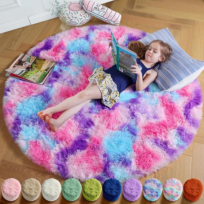 Amdrebio Pink Blue Purple Small Circle Area Rug 3Ft for Girls Bedroom, Fluffy Cute Fuzzy Colorful Pastel Kids Rugs for Nursery Playroom Classroom, Unicorn Shag Princess Round Carpet for Baby Toddler