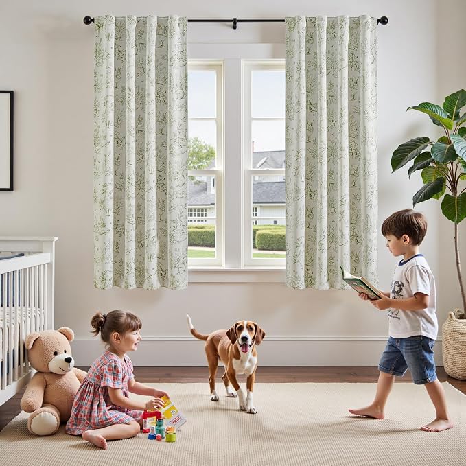 jinchan Green Blackout Curtains W38xL63 Whimsical Back Tab 2 Panels | Room darkening,nursery kids bedroom,privacy,whimsical,cottagecore,bunny pattern,botanical,nature-inspired decor